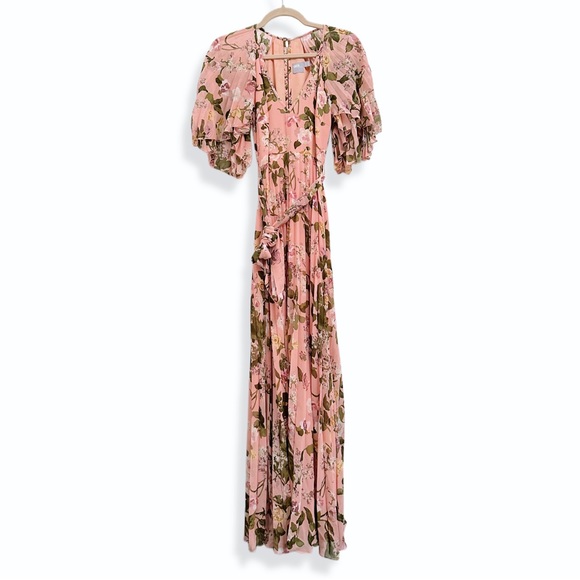 ASOS Floral Pleated Flutter Sleeve Maxi Dress Size 2 Pink Terracotta Rose Design - Picture 5 of 13